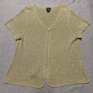 Eileen Fisher Cardigan Medium Light Pea Green Crochet Knit Linen Blend